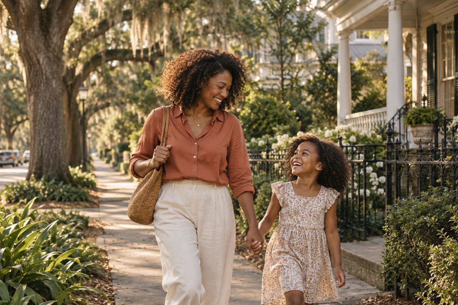 Mother and daughter laughing together on a neighborhood walk