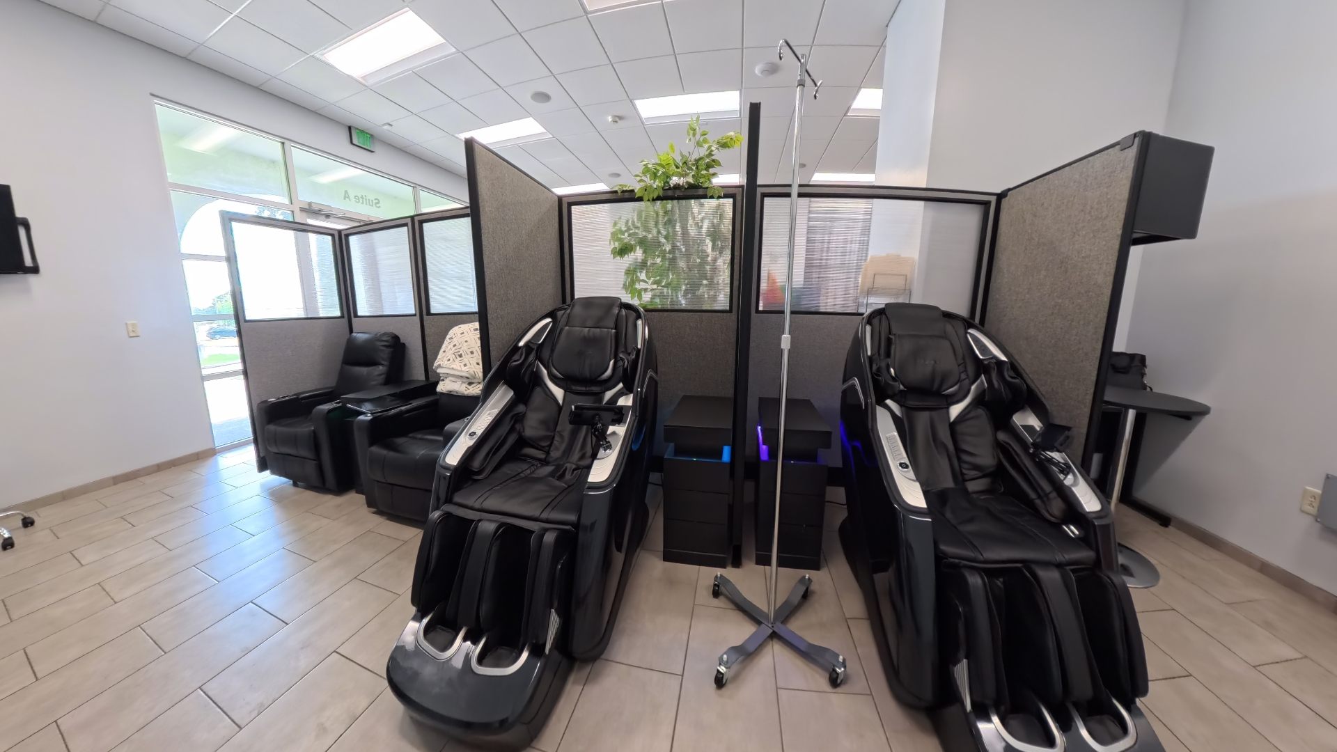 Massage chairs and reclining seats in the Healthy Solutions Clinic infusion suite