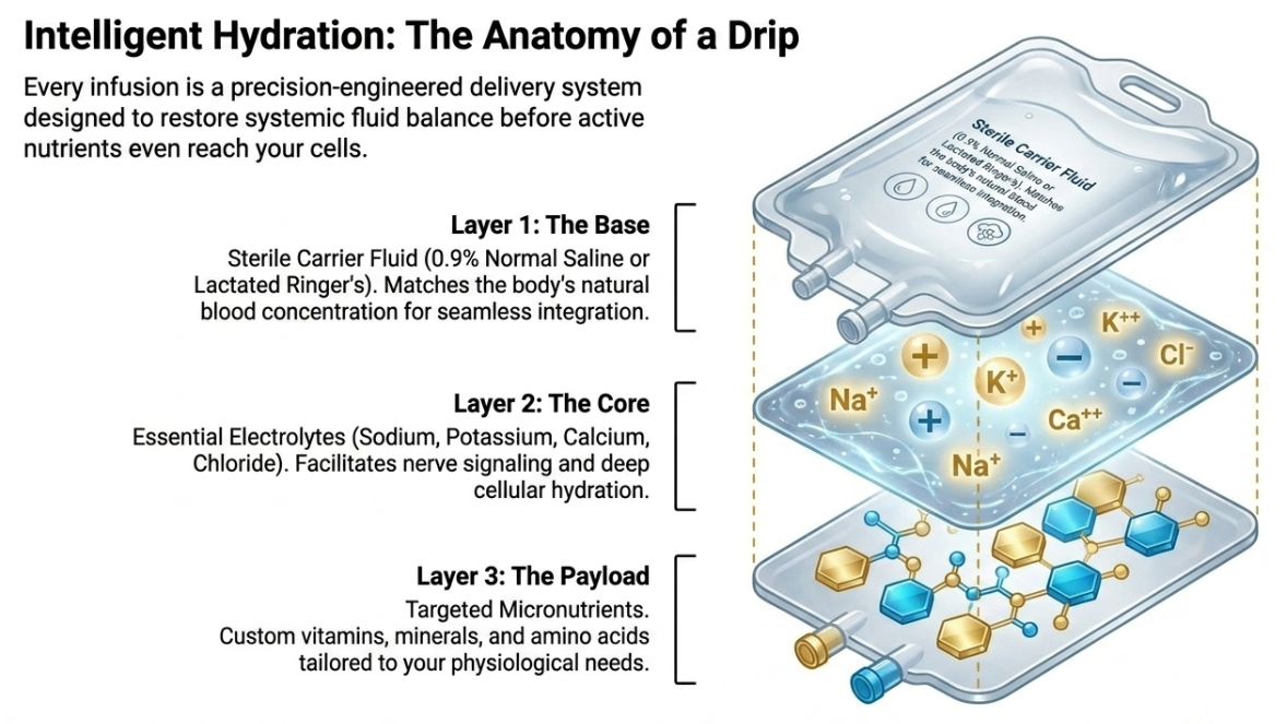 Diagram showing the three layers of an IV drip: sterile carrier fluid base, essential electrolytes core, and targeted micronutrient payload