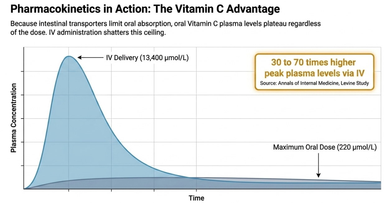 Pharmacokinetic chart showing IV Vitamin C reaching 13,400 µmol/L plasma concentration versus 220 µmol/L maximum oral dose