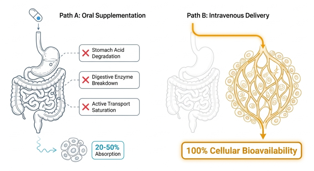Comparison of oral supplementation absorption versus intravenous delivery showing 20-50% absorption for oral versus 100% cellular bioavailability for IV