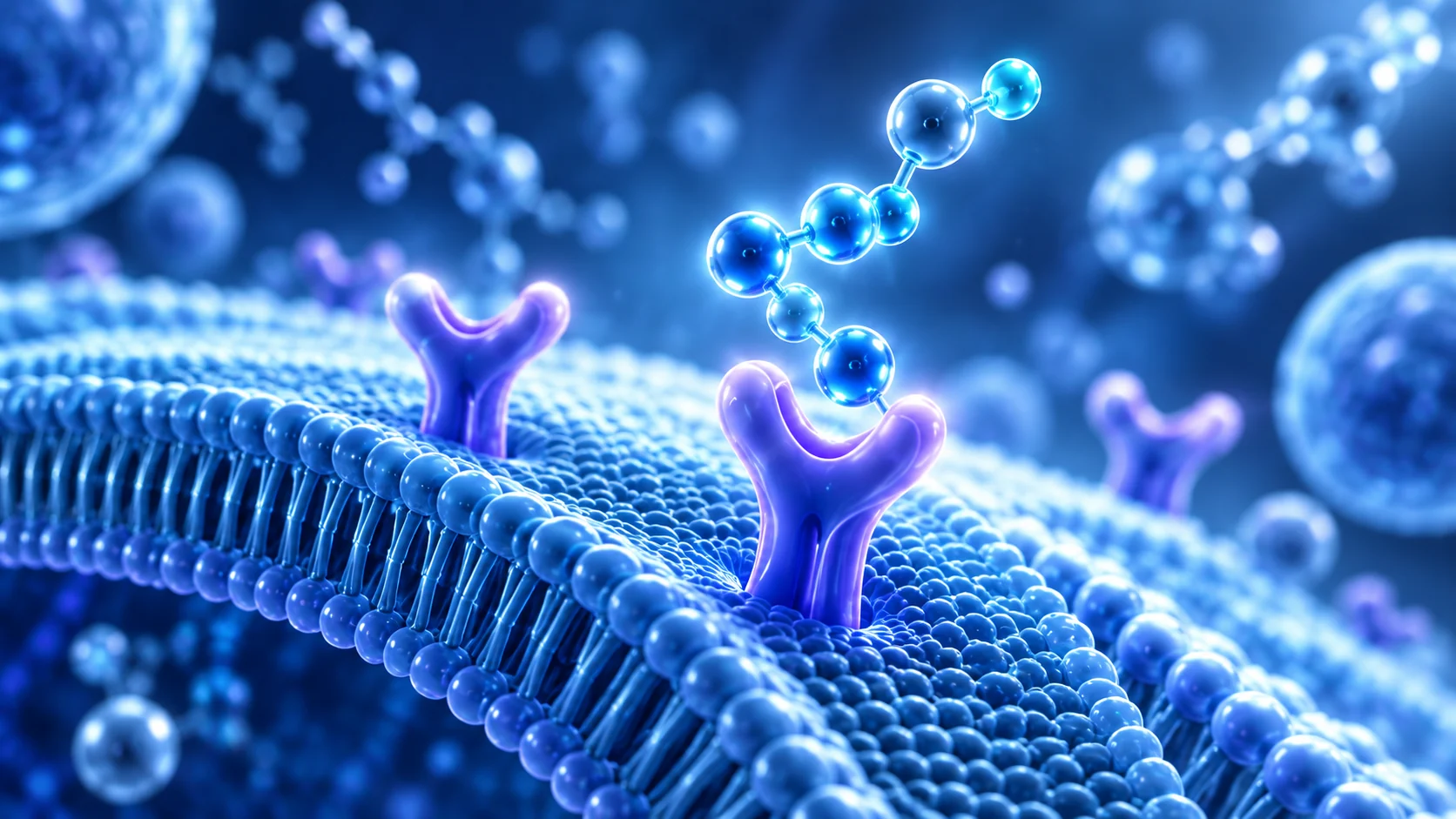 Conceptual illustration of a small molecule approaching a cell’s receiving site