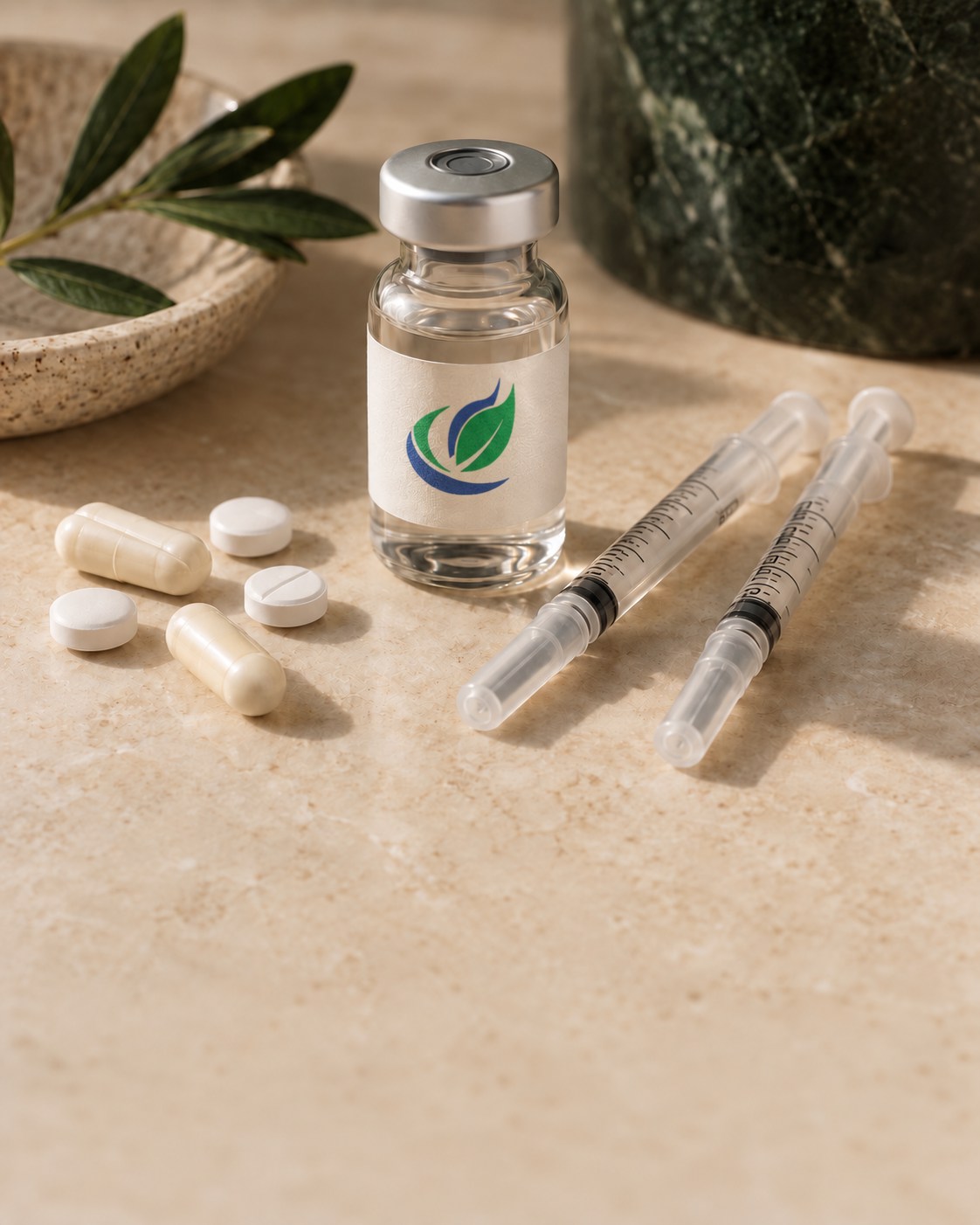 Vial with the Healthy Solutions leaf emblem, capped syringes, and tablets on warm limestone
